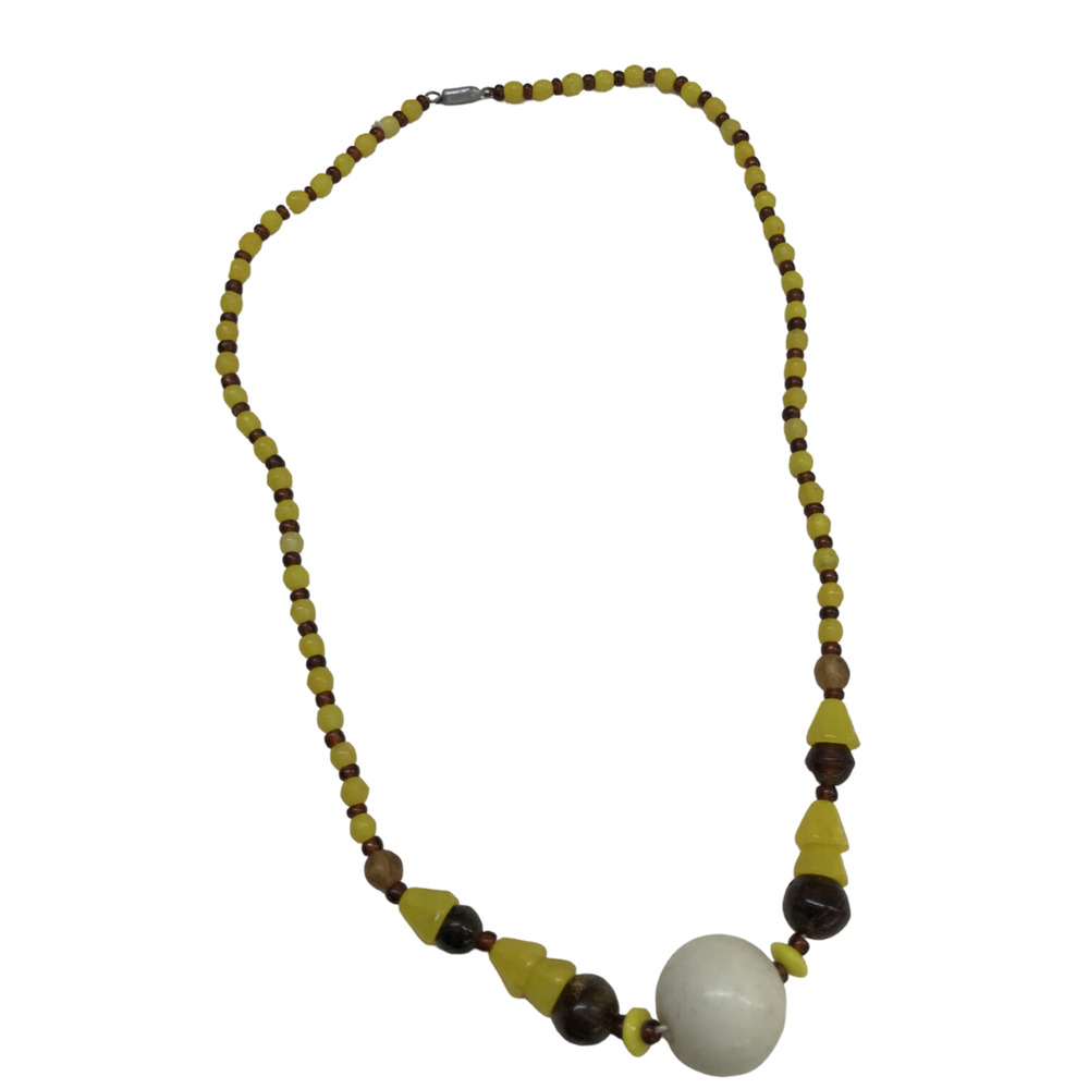 Vintage Yellow and Amber Beaded Necklace Tube Clasp Funky 17"